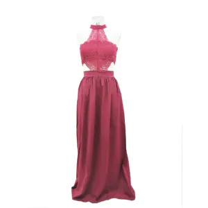 Burgundy Halter Lace Long Evening Dress Elegant Bridesmaid Gown Party Maxi Dress