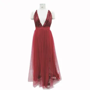 Red sequin deep V halter tulle long evening dress for women party club wear elegant gown