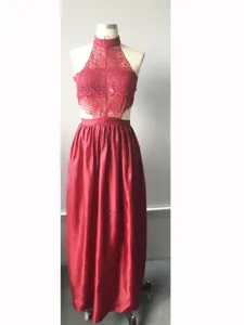 Sexy red halter lace evening dress, elegant satin long party gown for women and bridesmaids.