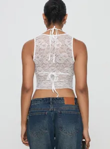 Back detail of a white lace sleeveless halter top with tie back, showcasing the slim fit.