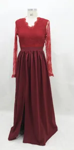Detailed view of long sleeve lace V-neck maxi dress, elegant evening party gown style.