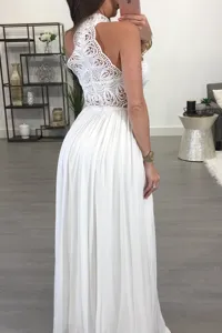 Elegant white lace halter maxi dress for women, sexy evening gown and bridesmaid dress.