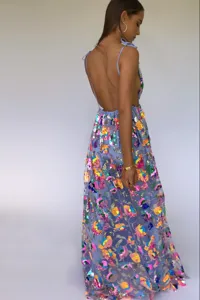 Stunning deep V backless sequin floral lace-up maxi dress for women elegant party wear