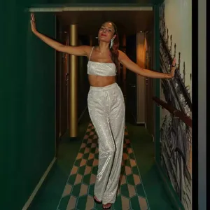 Women sparkly glitter crop top and high waist pants two piece set for party club wear