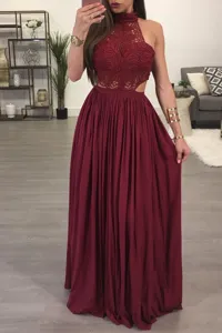 Wine red lace halter neck maxi dress with pleated skirt, elegant evening party gown detail.