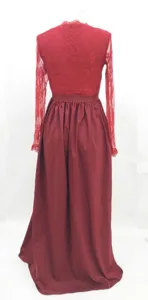 Back detail view of long sleeve red lace bodice and burgundy skirt evening dress.
