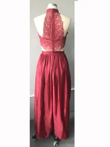 Sexy red backless halter halter lace satin long evening dress party bridesmaid gown detail