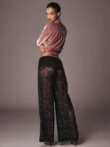 Pantaloni lunghi larghi in pizzo trasparente sexy da donna, eleganti pantaloni a vita alta.