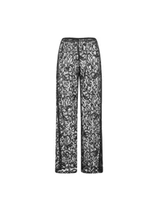 Pantaloni larghi in pizzo nero trasparente con un elegante motivo floreale per donna.