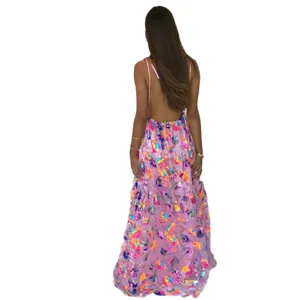 Backless sequin floral maxi dress for women, sexy deep V-Neeck long party gown with straps.