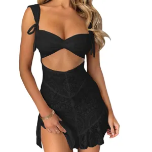 Black sexy cut-out mini dress with stylish strap shoulders and elegant lace skirt.