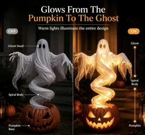 Comparison of a swirling ghost pumpkin lamp in ON and OFF states for Halloween decor.