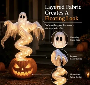 Close-up detail of layered gauzy fabric and illuminated spiral ghost on pumpkin lamp