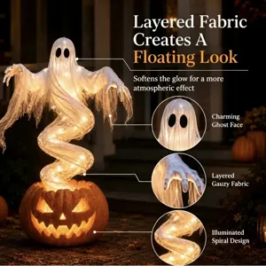 Swirling ghost pumpkin yard lamp with layered fabric and glowing LED lights