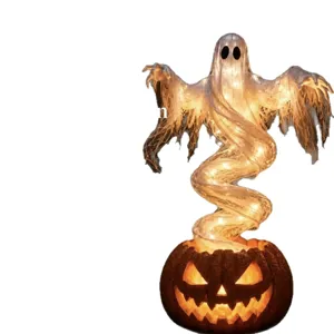 Swirling ghost pumpkin yard lamp with glowing LED lights for Halloween decor