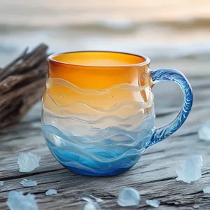 Detailansicht der Sea Glass Sunset Tasse mit Wellenmuster und blau-orangefarbenem Verlauf