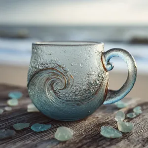 Handgefertigte Meeresglas-Tasse mit geprägtem Wellendesign und Blasenstruktur in Blau