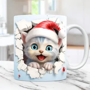 Kreativ 3D Kätzchen Katze Wandloch Druck Keramik Tasse Kaffee Tee Becher Weihnachten Geburtstag Geschenk Zuhause Büro Weißer Becher