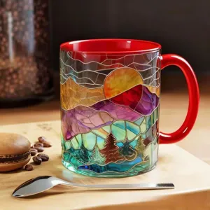 Detailansicht des Berg- und Sonnenuntergang-Buntglasmusters auf einer roten Tasse