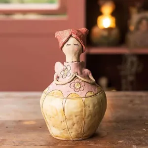 Handgefertigtes Keramik-Feenglas mit rosa Blumendesign und gelbem, strukturiertem Boden