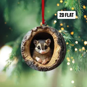 Flacher 2D-Acryl-Weihnachtsschmuck mit einem süßen Waschbären in einer Baumhöhle