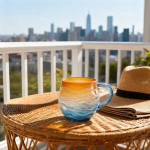 Nahaufnahme eines handgefertigten Meeresglas-Sonnenuntergangsbechers auf einem Balkon