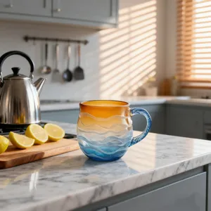 Nahaufnahme einer Sea Glass Sunset Tasse mit Wellentextur in einer Küche