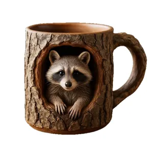 Unique handmade raccoon in tree hollow 3D ceramic mug with realistic bark texture