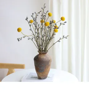 Detail of natural billy balls dried flowers bouquet in rustic ceramic vase for home decor