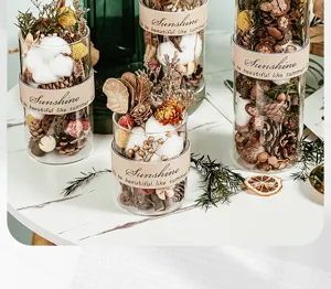 Glazen fles gedroogde bloemen aromatherapie ornament met natuurlijke pijnboompjes en katoen.