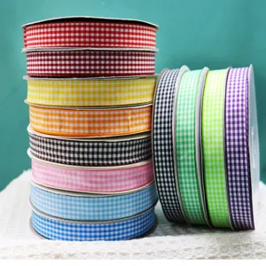 Colorful gingham ribbon rolls for DIY crafts, gift wrapping, and party decoration needs.