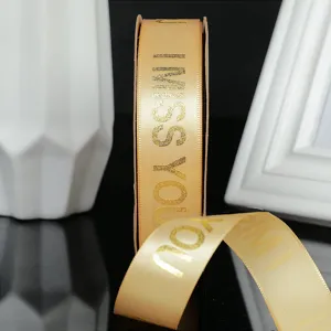 Nastro dorato 2.5cm confezione regalo bouquet decorazione nastro di raso con stampa di testo.