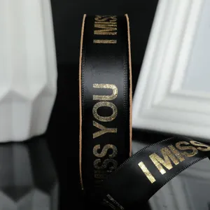 2.5cm Nastro Nero con Stampa a Caldo Oro Vista Dettaglio Scatola Regalo Decorazione