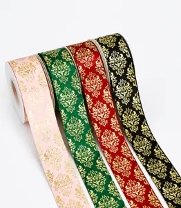 4cm metallic gold printed ribbon roll for floral gift wrapping and birthday party decoration crafts.
