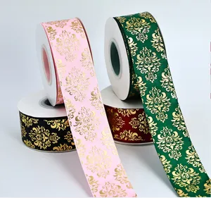 4cm roll gold stamping ribbon damask pattern gift wrapping silk ribbon floral packaging
