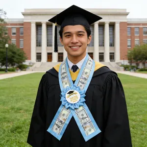 Primer plano de la banda de graduación azul claro con estampado de dólares y insignia 2026.