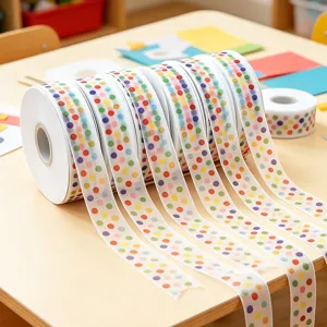 Colorful polka dot organza ribbon close up detail, transparent mesh craft tape for diy decor.