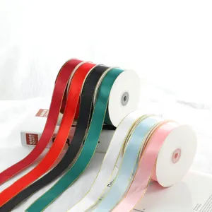 Gold edge satin ribbon 2.5cm colorful ribbon rolls for gift wrapping floral bouquets and bows