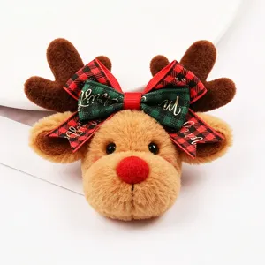 Carina renna di peluche natalizia con fiocco scozzese, accessorio decorativo festivo.