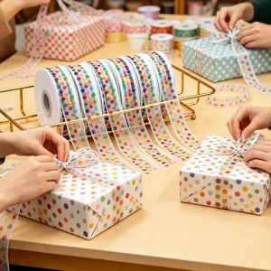 Colorful polka dot sheer organza ribbon 2.5cm wide for gift wrapping and DIY crafts