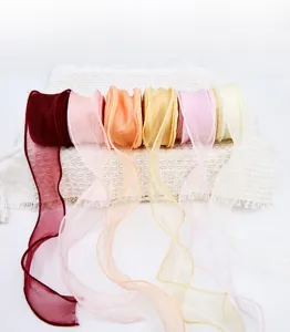 Detail view of 4cm organza ribbon rolls, wavy edge decorative yarn for floral wrapping crafts.
