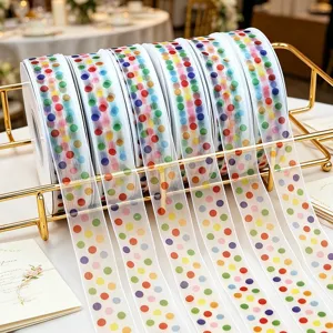 2.5cm colorful polka dot organza ribbon for DIY crafts, gift wrapping and party decorations.