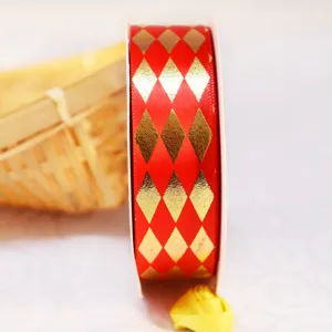 Cinta de satén con rombos oro rojo de 2,5cm para envolver regalos y decoración de fiesta.