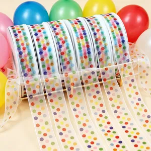 Colorful polka dot organza ribbon detail view, perfect for gift wrapping and DIY crafts.