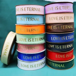 Colorful grosgrain ribbons with gold hot stamping letters, ideal for gift wrapping and flower bouquets.