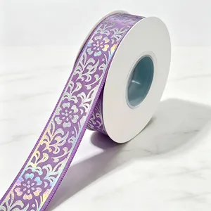 Purple laser silver foil printed ribbon 2.5cm width floral pattern decorative craft wrapping