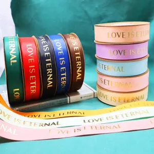 Gold stamping English decorative ribbons, colorful satin ribbons for gift boxes and bouquets.
