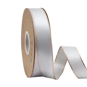 Ruban en polyester double face de 2.3cm avec bords dorés pour emballage cadeau et déco florale.