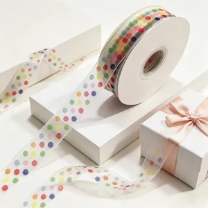 Colorful polka dot organza ribbon, detailed view of transparent mesh craft ribbon for gift wrapping.
