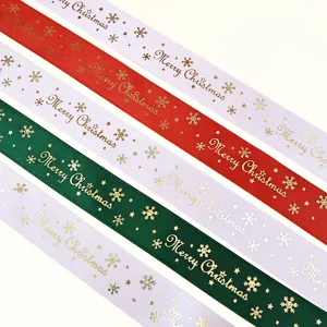 Cinta navideña de satén estampado en oro para envolver regalos y decoración festiva